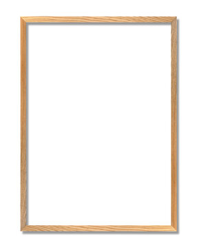 Light brown, natural wood picture frame with thin profile, set against pure white background. Soft, natural-looking shadow is cast beneath  bottom and right edges of frame