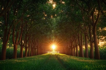 sunlit tree tunnel with green grass path and tire tracks at golden hour, warm glowing sunburst between symmetrical rows of trees, peaceful and serene