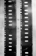 Obraz premium Close-up of two parallel black-and-white photographic film strips with perforated sprocket holes, empty frames, scratches and dust, evoking a nostalgic vintage mood