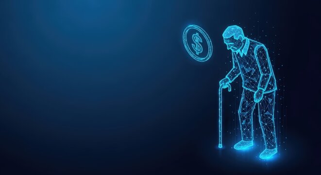 Senior man with cane looking at a dollar coin concept of retirement finance
