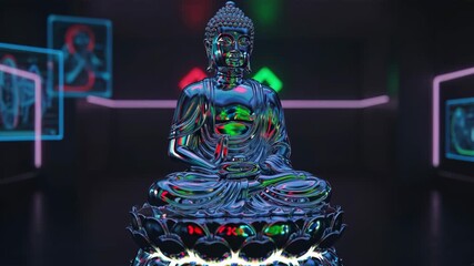 Shiny buddha statue meditation lotus neon reflection metal sculpture meditative serene seated posture glassy figure pedestal modern gallery spiritual - Powered by Adobe