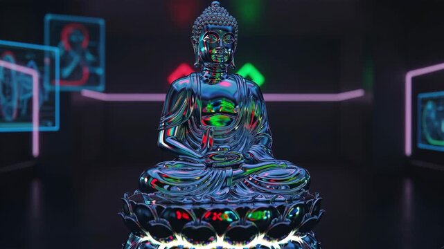 Shiny buddha statue meditation lotus neon reflection metal sculpture meditative serene seated posture glassy figure pedestal modern gallery spiritual