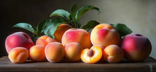 Ripe fuzzy peaches and apricots on a wooden table with green leaves, one halved to reveal golden flesh and pit, bathed in soft dramatic light, inviting and fresh