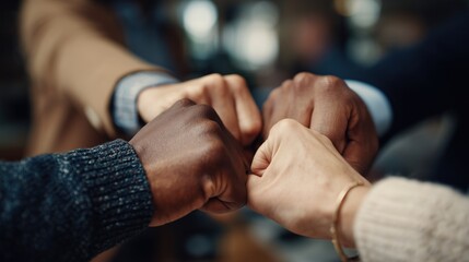 Business teams join hands and raise their fists, showing friendship, unity, teamwork, and professionalism.