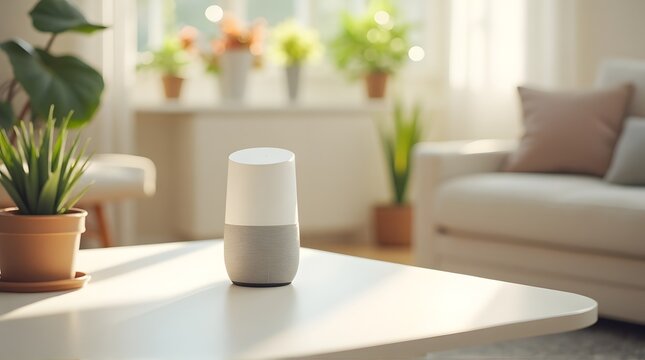 Modern Smart Speaker on White Table in Bright Living Room with Natural Light