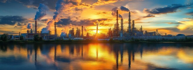 Obraz premium Sunset over a sprawling industrial refinery with smokestacks and steam plumes reflected in a calm river, dramatic golden and blue sky conveying intensity