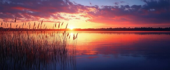 reeds by a tranquil lake at sunset with a glowing sun on the horizon, colorful orange pink and purple clouds reflected in still water and a distant treeline silhouette, serene mood