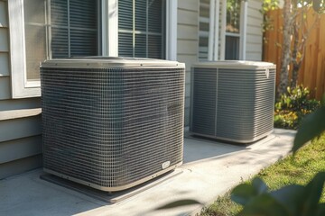 Two outdoor air conditioning units beside a house on concrete pads with sunlight, grass and a wooden fence, conveying quiet summer reliability