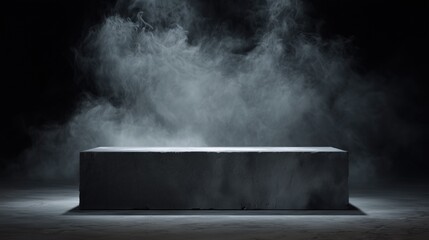 Gray textured concrete platform, podium or table with smoke in the dark
