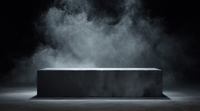 Gray textured concrete platform, podium or table with smoke in the dark