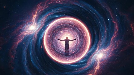 Human silhouette on a spiritual journey through a cosmic wormhole. Sequence of a person raising arms to embrace the universe and higher consciousness in deep space