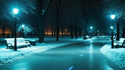 Futuristic winter park at night with glowing blue light trails on a snowy path. Empty city alley illuminated by cyan streetlights creating a mysterious and cold atmosphere - Powered by Adobe