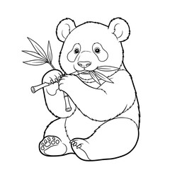Black and white line art of a cute baby panda sitting and eating a bamboo stalk.