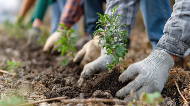 Tree planting activity, nurturing nature, environmental conservation, sustainable practices, community involvement.