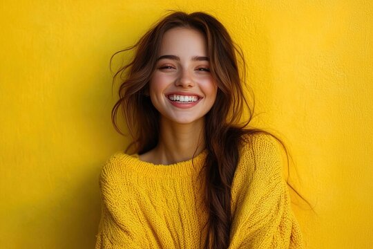 woman in cozy yellow knit sweater against matching yellow wall, long brown hair in a loose braid, calm and relaxed mood