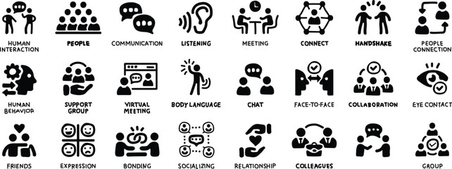 Human interaction icon set. Communication, people, connection, friends, chat, bonding, socializing, group, relationship and more. Solid vector icons collection. 