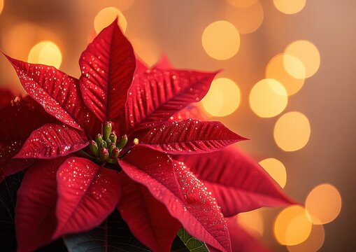 Close-up of a red poinsettia with water droplets on velvety bracts and green center buds against warm golden bokeh lights, evoking a cozy festive holiday mood