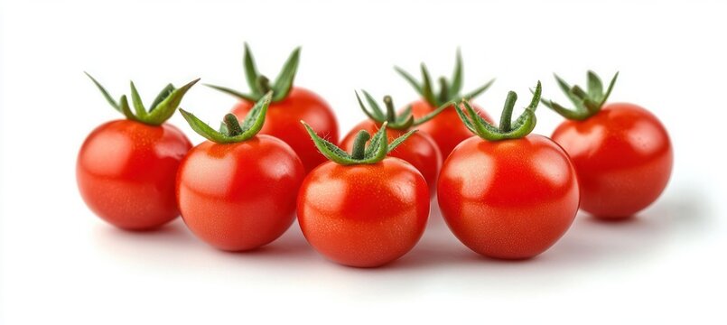 Group of shiny red cherry tomatoes with green stems on white background, fresh and vibrant
