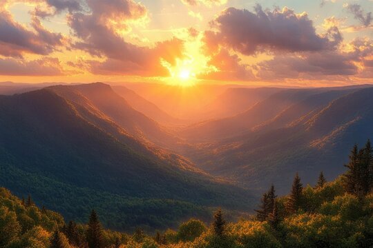 Golden sunrise over layered forested mountain valley with sun rays piercing clouds and pine trees, serene and majestic dawn