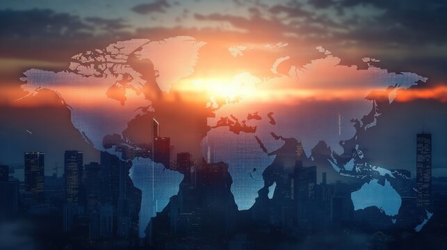 sunset over a modern city skyline with a translucent world map overlay and glowing horizon, evoking global connection, ambition and hopeful futuristic energy