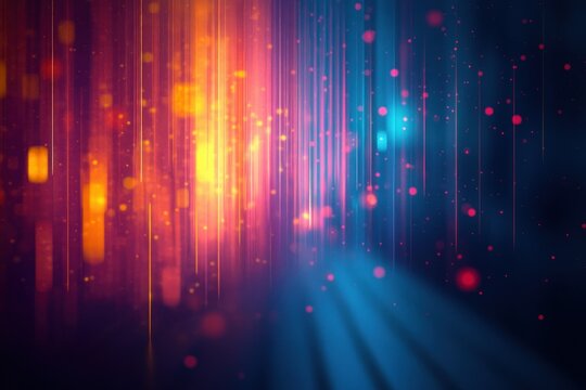 vibrant abstract composition of vertical light streaks and glowing particles in warm orange and cool blue, dreamy futuristic energy and depth