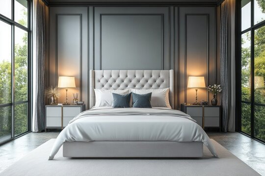 Serene modern bedroom with tufted upholstered headboard, white bedding and blue pillows, matching nightstands and lamps, dark paneled wall and floor-to-ceiling windows overlooking green trees