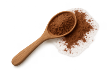 Cocoa powder in wooden spoon with sugar baking ingredient