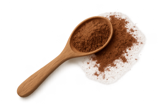 Cocoa powder in wooden spoon with sugar baking ingredient