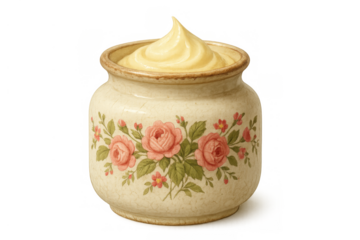 Creamy mayonnaise or sauce in a vintage floral ceramic jar, adding flavor to dishes, transparent background