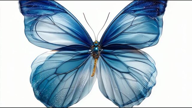 Abstract Blue Glass Butterfly with Translucent Wings on White Background