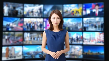On-Air Confidence: A poised news anchor delivers the day's headlines against a backdrop of multiple screens, symbolizing global information and media