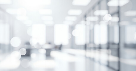 Bright abstract office interior background with soft white light and bokeh effects, creating a calm professional ambience with gentle glowing highlights and smooth visual depth across the space.