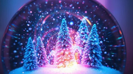 A magical christmas snow globe with a miniature winter forest scene inside. Sparkling glitter and snow swirl around glowing trees under vibrant neon lights for a festive holiday - Powered by Adobe