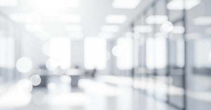 Bright abstract office interior background with soft white light and bokeh effects, creating a calm professional ambience with gentle glowing highlights and smooth visual depth across the space.