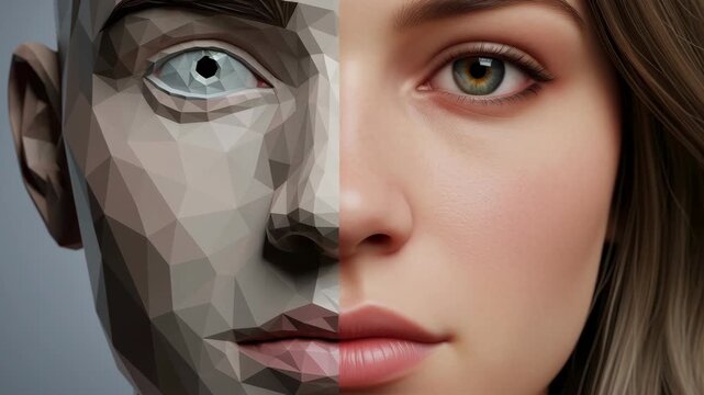 Half face polygonal sculpture split with low poly geometric mask left and realistic female portrait skin texture right neutral expression closeup