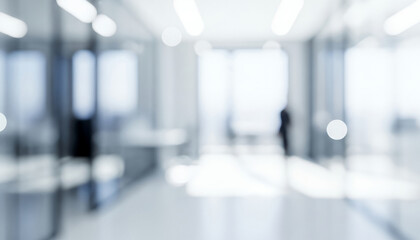 Bright abstract office interior with blurred lights and a distant figure, creating a calm professional ambience with soft glowing highlights and smooth visual depth throughout the workspace.