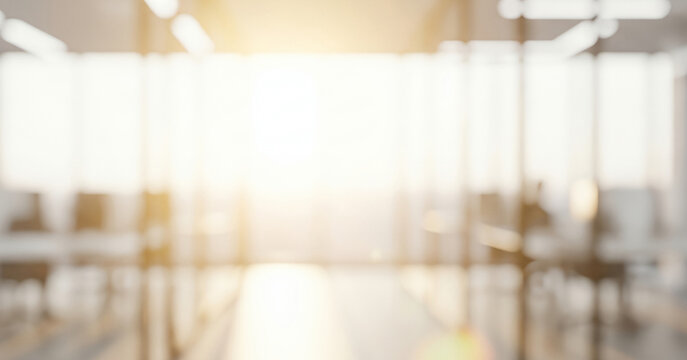 Bright abstract office interior with strong sunlight background blur, creating a vibrant professional ambience with soft glowing highlights and smooth visual depth across the workspace.