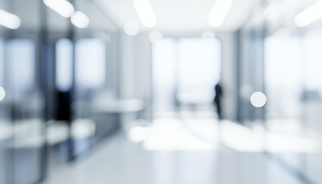 Bright abstract office interior with blurred lights and a distant figure, creating a calm professional ambience with soft glowing highlights and smooth visual depth throughout the workspace.