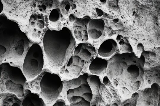 Close-up of eroded porous rock face with honeycomb cavities and deep shadows, an eerie ancient textured scene