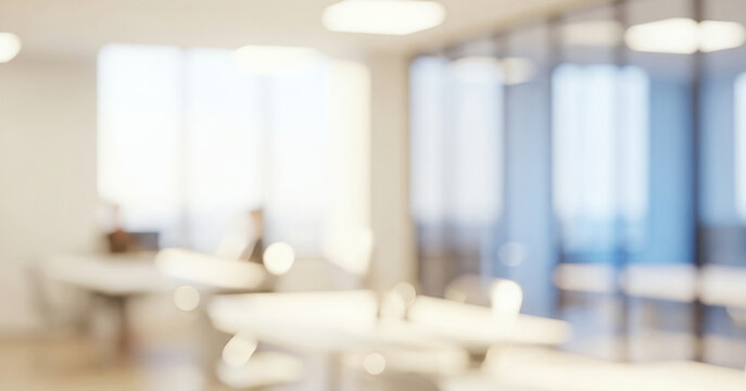 Bright abstract office interior background with soft focus and light shapes, creating a calm professional ambience with gentle glowing highlights and smooth visual depth across the space.