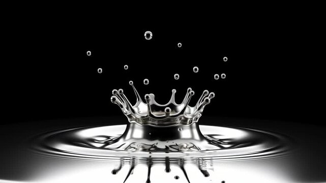 Silver water crown splash droplet reflection over black background&mdash;dynamic reflective motion, high contrast elegant liquid energy captured dramatic