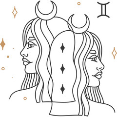 Stylized Line Art of Two Women Facing Away From Each Other Adorned With Crescent Moons and Stars Representing the Gemini Zodiac Symbol in Black and Gold on a White Background