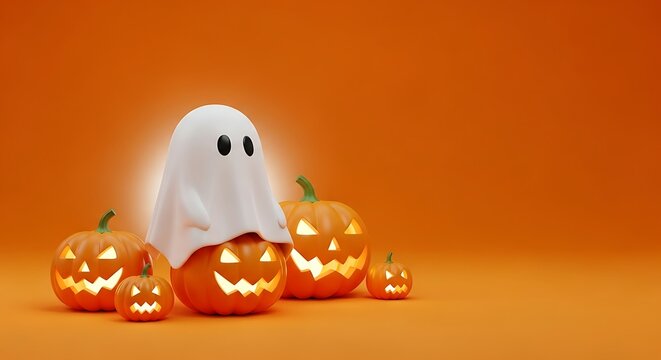 Cute 3d ghost figure on a bright jack-o'-lantern, surrounded by glowing pumpkins on a warm orange background. perfect for halloween, autumn, and festive designs.