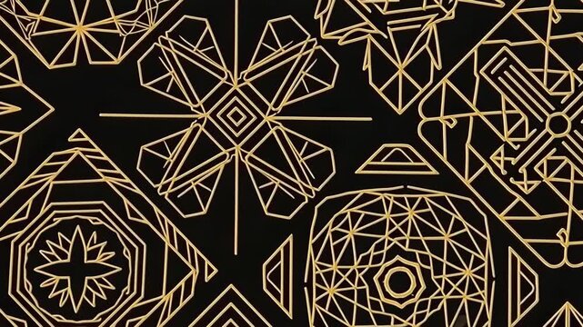 Gold geometric pattern black background line symmetry decorative ornamental motif elegant repeating mandala tile with intricate linear gold accents