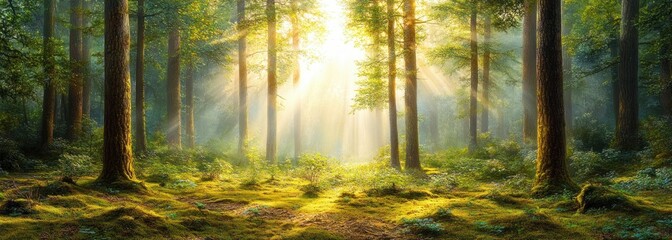 Fototapeta premium Sunlit mossy forest clearing with tall tree trunks, golden sunbeams piercing morning mist and dappled green foliage, conveying a serene and peaceful atmosphere