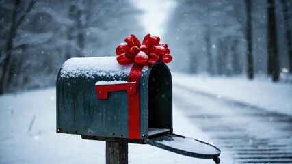 Holiday mailbox with a festive red bow during a winter snowstorm. Christmas greeting concept showing an open letterbox on a snowy rural lane. Seasonal mail delivery scene