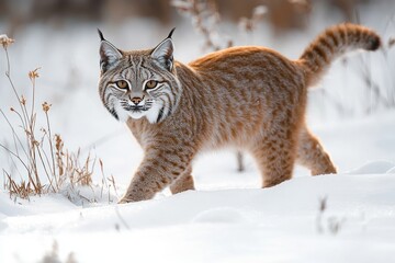 Alert bobcat walking through snow among dry grasses with a curious focused gaze and confident stride in soft winter light