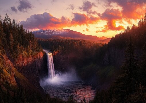 Majestic waterfall plunging into a misty river canyon surrounded by dense pine forest and snow-capped mountains beneath a fiery sunset, evoking awe and tranquility - Powered by Adobe