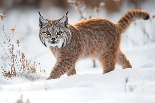 Alert bobcat walking through snow among dry grasses with a curious focused gaze and confident stride in soft winter light