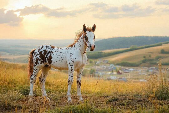 Spotted foal standing on a sunlit grassy hillside at golden sunset, mane ruffled by wind, overlooking rolling hills and a distant village with a calm, serene expression - Powered by Adobe
